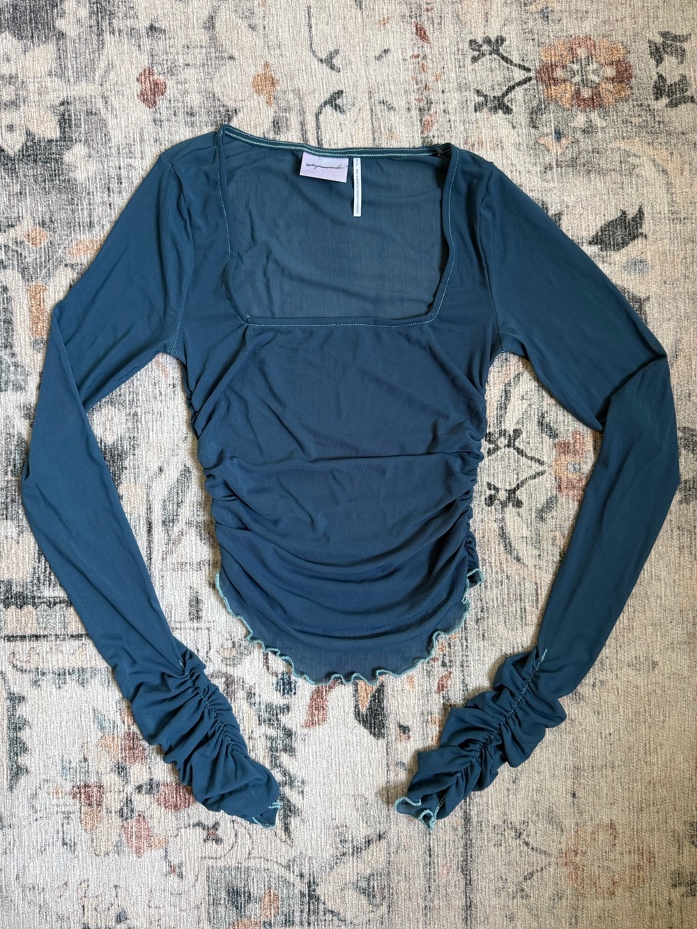 Urban Outfitters Teal Sheer Ruched Square-Neck Long Sleeve Top